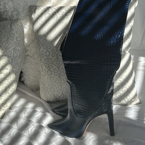 New Jimmy Choo Blue Mavis 100 Navy Croc Embossed Leather Knee High Boots - Picture 6 of 8